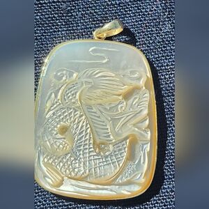 14k Gold & Mother of Pearl Dragon Hand Carved Pendant